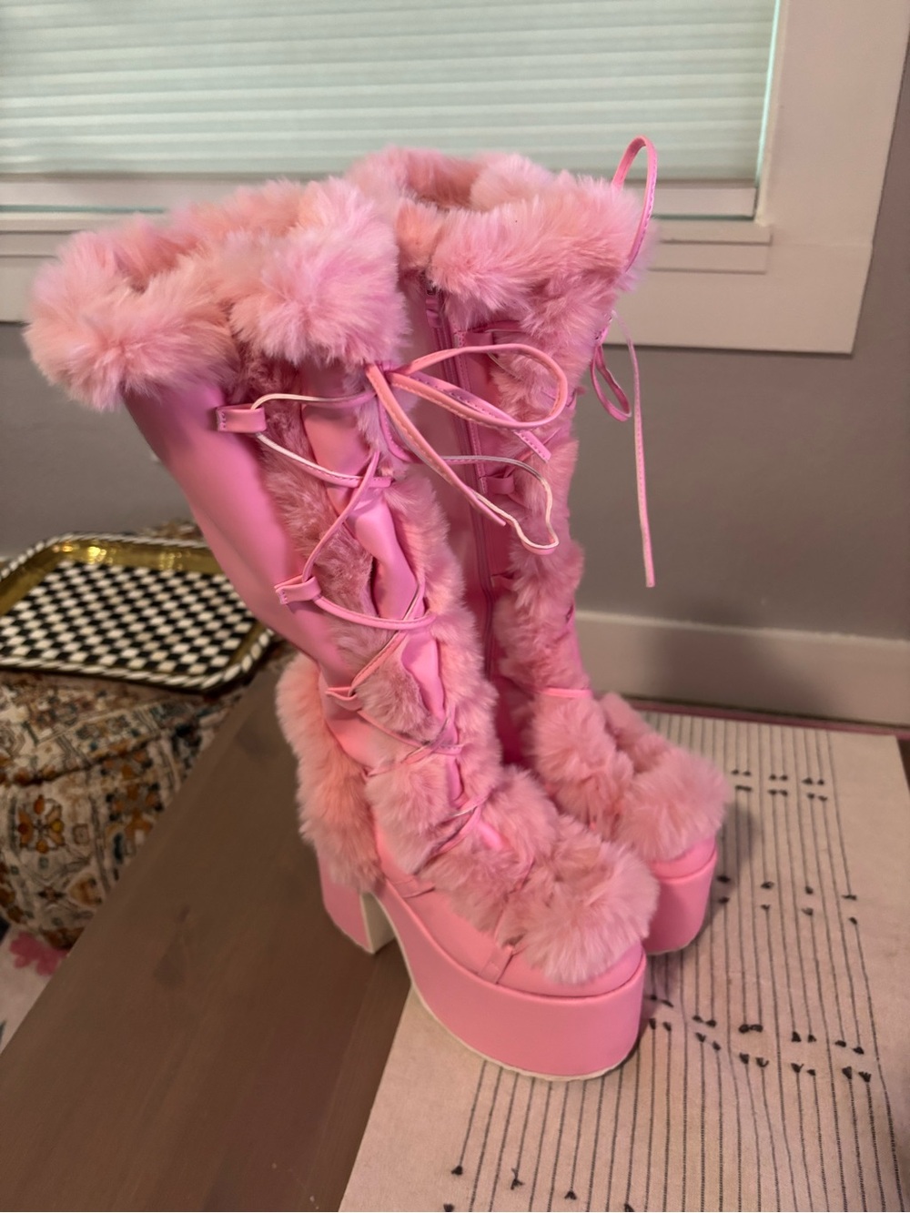 Pink Faux-Fur Platform Lace-Up Boots